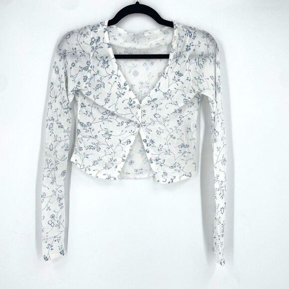 Zara Women's Floral Print Knit V Neck Long Sleeve Crop Top White Blue Size Small - Picture 4 of 11